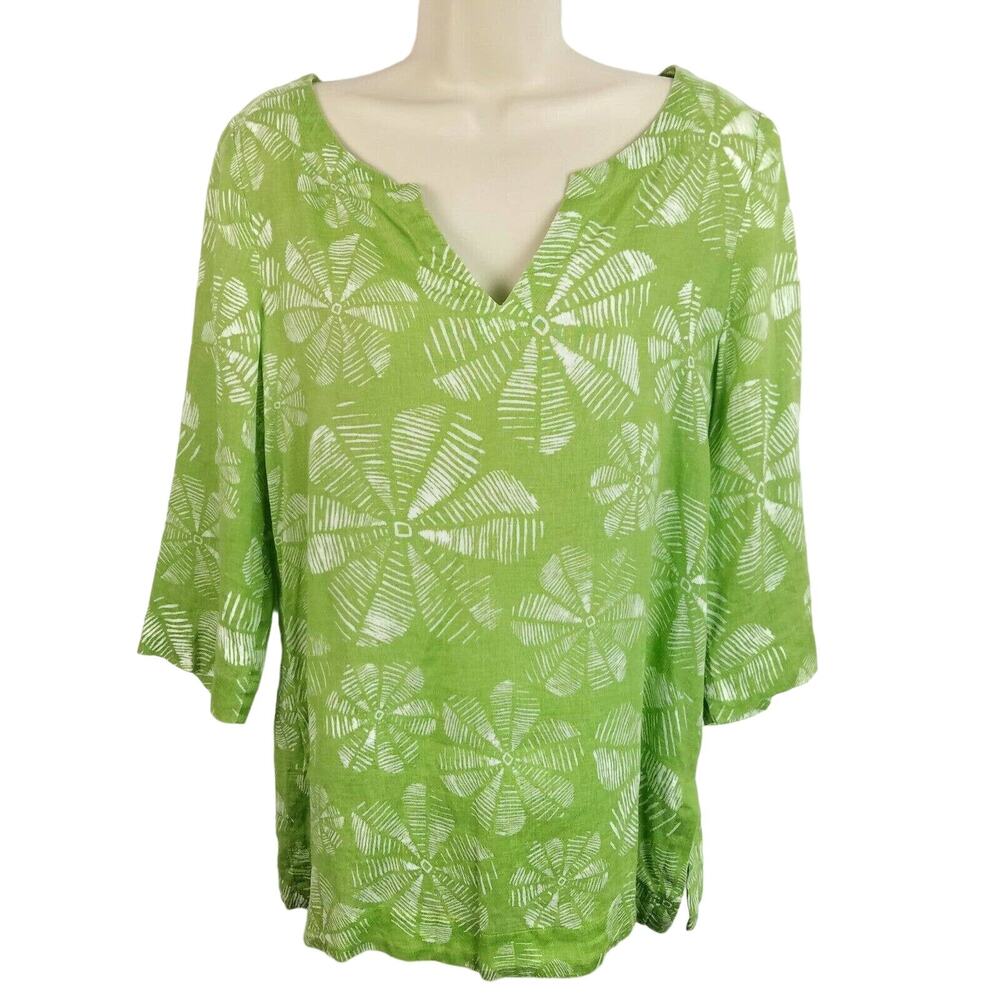 J Jill Linen Tunic Top Shirt Size S Green 3/4 Sleeve Floral Vacation Cruise